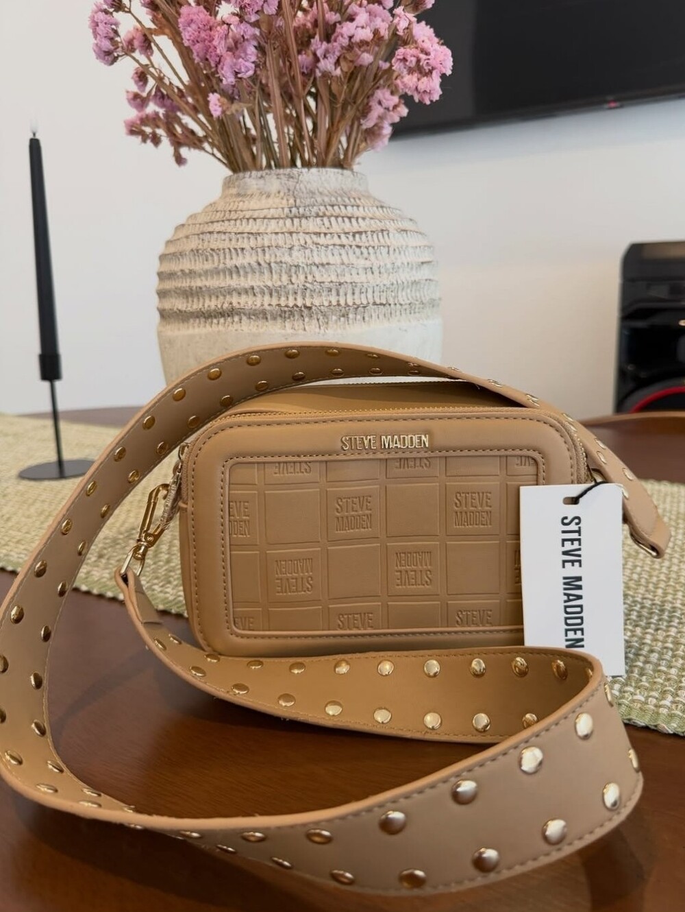 Steve Madden Beige/Tan Studded Crossbody Camera Bag